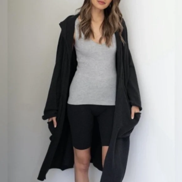 Lunya Cozy Cotton Silk Oversized Hooded Open Long Cardigan in Charcoal - Picture 3 of 13